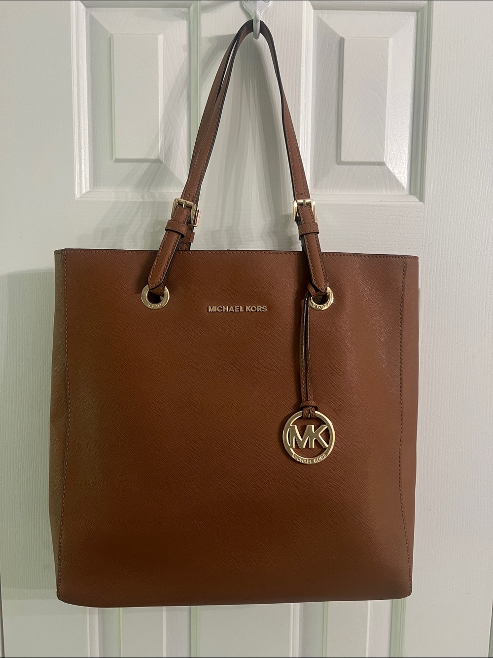 Michael Kors Brown Saffiano Leather Tote with Gold MK Charm